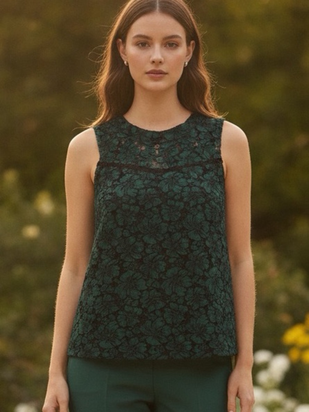 Carolina Belle Dark Green Floral Lace Sleeveless Camisole